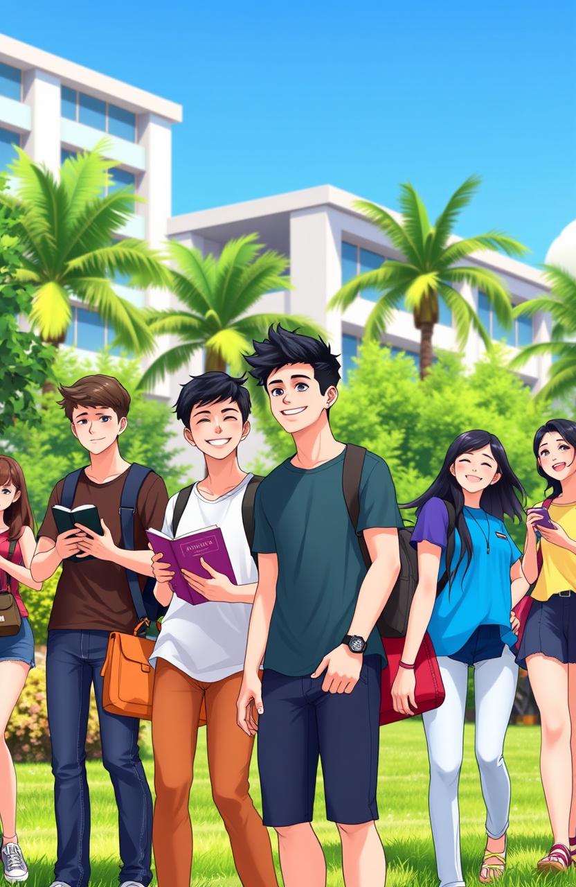 An animated scene depicting two male college students and seven female students in a vibrant university setting in the Philippines