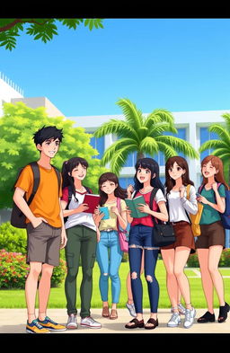 An animated scene depicting two male college students and seven female students in a vibrant university setting in the Philippines