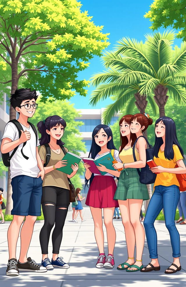 An animated scene depicting two male college students and seven female students in a vibrant university setting in the Philippines