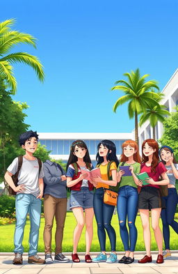 An animated scene depicting two male college students and seven female students in a vibrant university setting in the Philippines