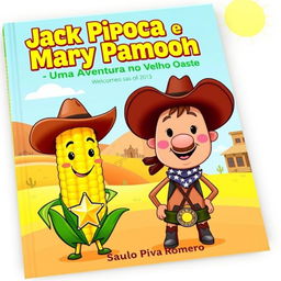 A playful and colorful book cover for a children's story titled 'Jack Pipoca e Mary Pamonha - Uma Aventura no Velho Oeste'