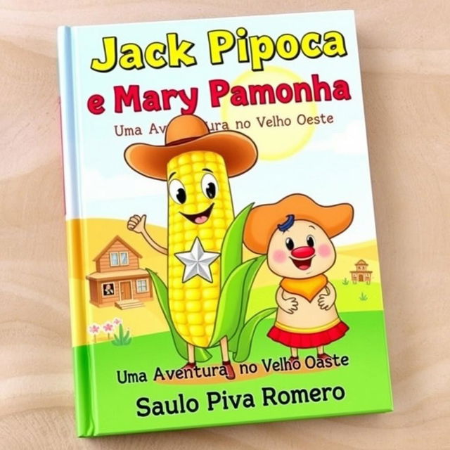 A playful and colorful book cover for a children's story titled 'Jack Pipoca e Mary Pamonha - Uma Aventura no Velho Oeste'