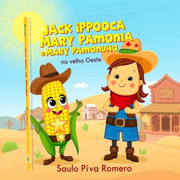 A playful and colorful book cover for a children's story titled 'Jack Pipoca e Mary Pamonha - Uma Aventura no Velho Oeste'
