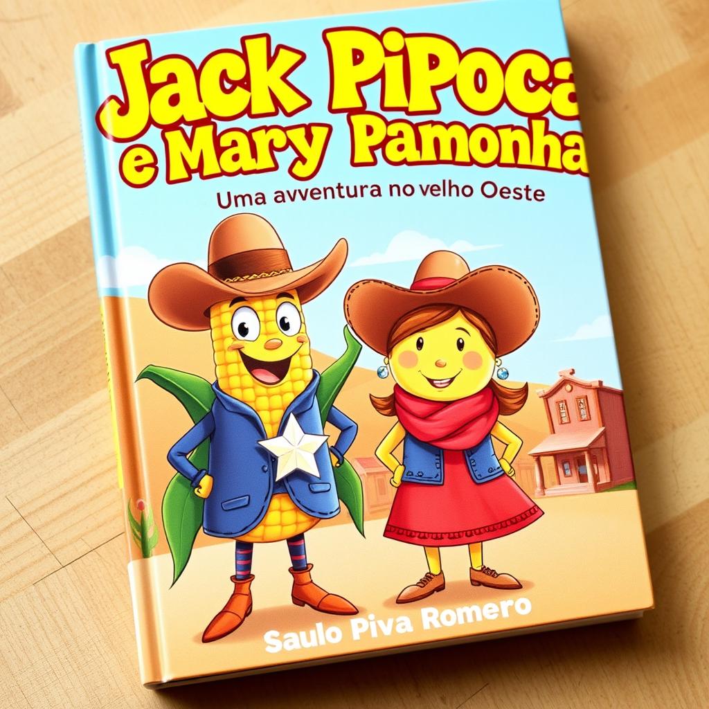 A playful and colorful book cover for a children's story titled 'Jack Pipoca e Mary Pamonha - Uma Aventura no Velho Oeste'