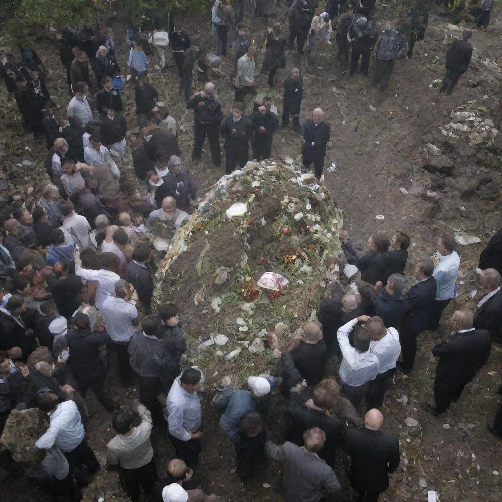 The crowd, showing deep respect, carefully lifts the intact body amidst the debris, commencing a solemn procession towards the nearby graveyard.