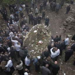 The crowd, showing deep respect, carefully lifts the intact body amidst the debris, commencing a solemn procession towards the nearby graveyard.