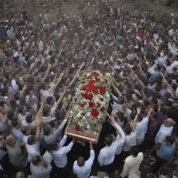 The crowd, showing deep respect, carefully lifts the intact body amidst the debris, commencing a solemn procession towards the nearby graveyard.