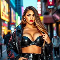 A hot girl wearing a tight, shiny black puffer jacket that accentuates her large breasts and curvy figure