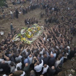 The crowd, showing deep respect, carefully lifts the intact body amidst the debris, commencing a solemn procession towards the nearby graveyard.