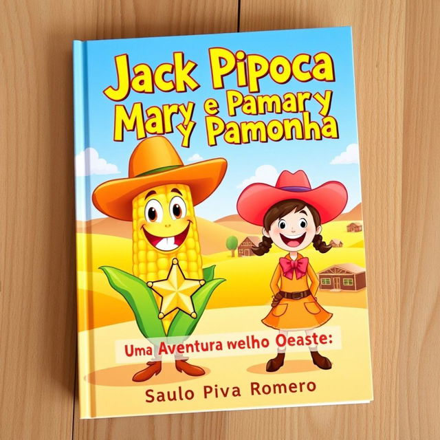 A whimsical and vibrant book cover for the children's story titled 'Jack Pipoca e Mary Pamonha - Uma Aventura no Velho Oeste'