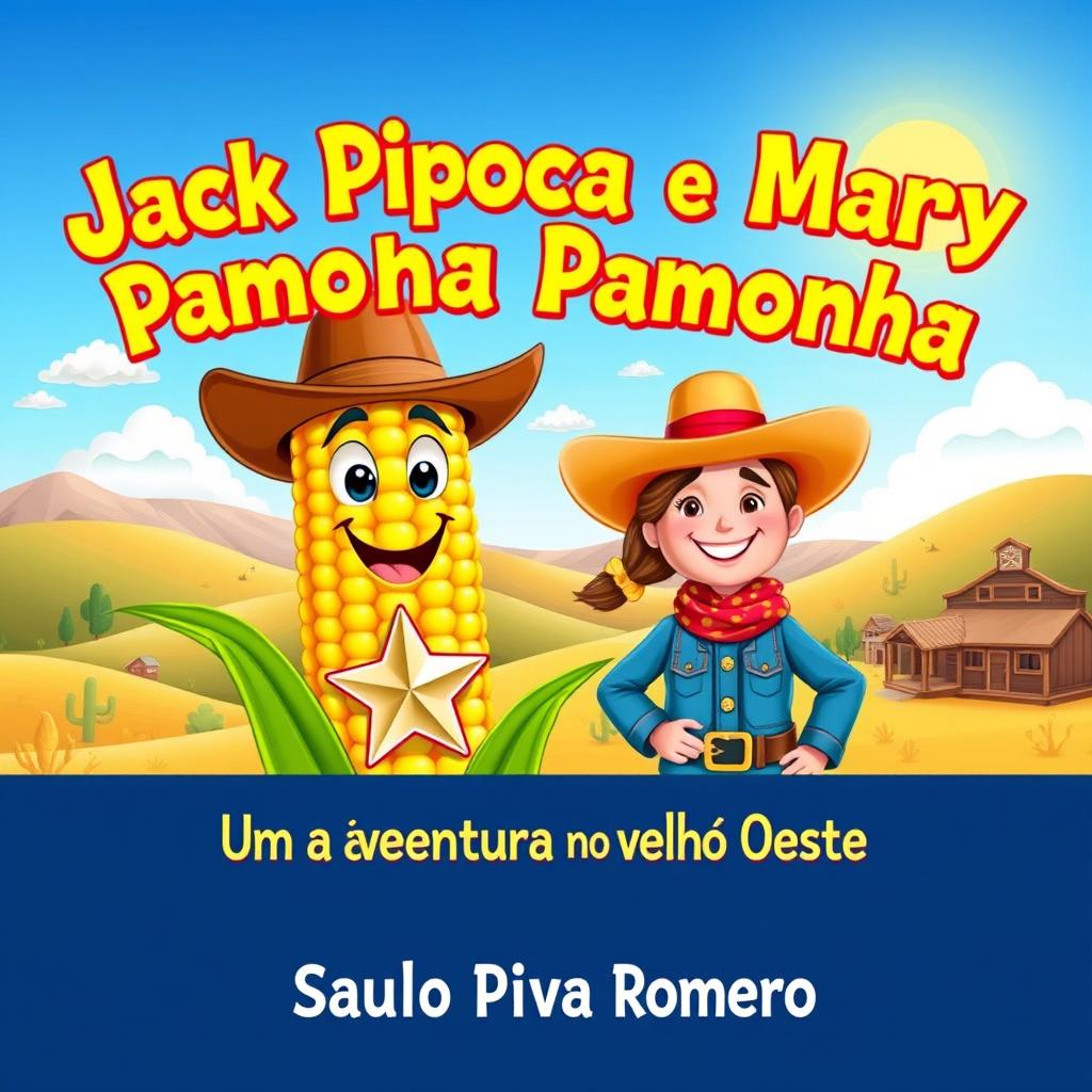 A whimsical and vibrant book cover for the children's story titled 'Jack Pipoca e Mary Pamonha - Uma Aventura no Velho Oeste'