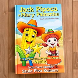 A whimsical and vibrant book cover for the children's story titled 'Jack Pipoca e Mary Pamonha - Uma Aventura no Velho Oeste'