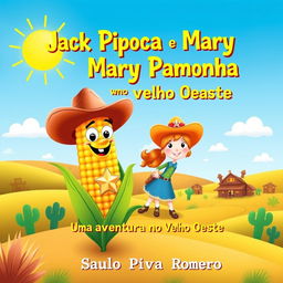 A whimsical and vibrant book cover for the children's story titled 'Jack Pipoca e Mary Pamonha - Uma Aventura no Velho Oeste'