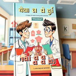 A book cover depicting two medical students, مخيمر وميخائيل, at a medical college during the same semester, engaged in playful banter and friendly rivalry