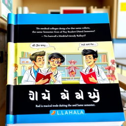 A book cover depicting two medical students, مخيمر وميخائيل, at a medical college during the same semester, engaged in playful banter and friendly rivalry