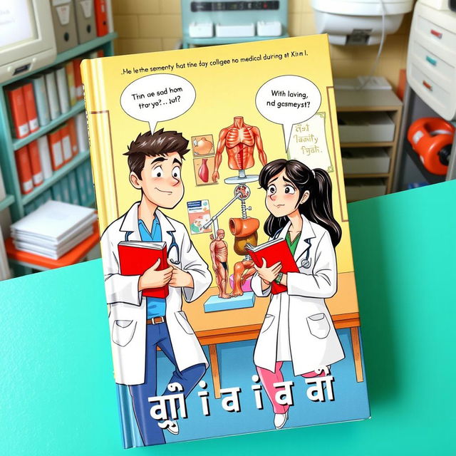 A book cover depicting two medical students, مخيمر وميخائيل, at a medical college during the same semester, engaged in playful banter and friendly rivalry