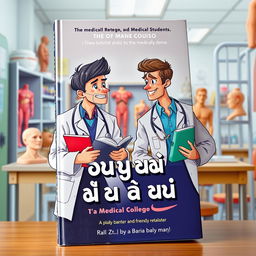 A book cover depicting two medical students, مخيمر وميخائيل, at a medical college during the same semester, engaged in playful banter and friendly rivalry