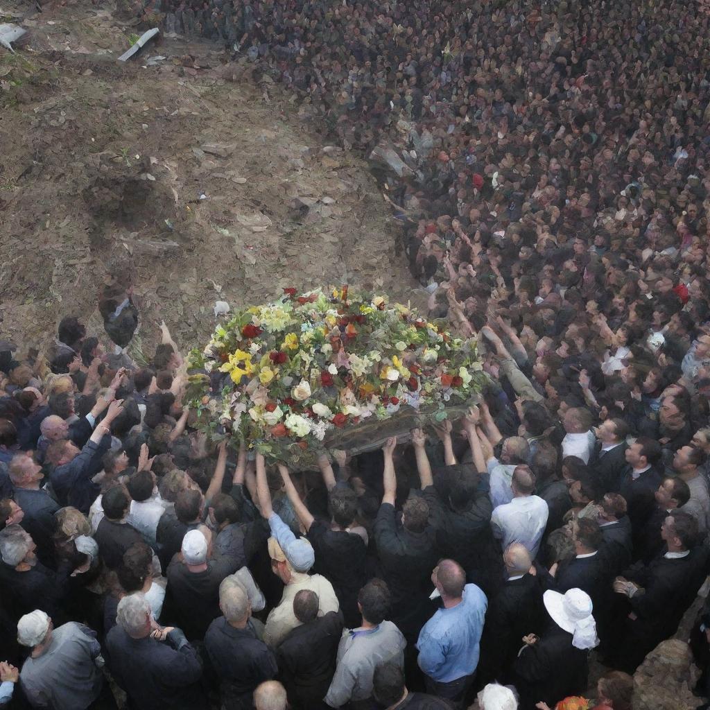 The crowd, showing deep respect, carefully lifts the intact body amidst the debris, commencing a solemn procession towards the nearby graveyard.