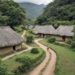 A rustic, peaceful village with thatched-roof houses, dirt paths winding through, children playing, and lush greenery around.