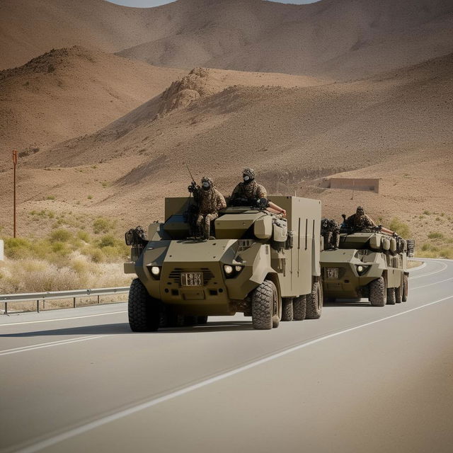 Two state-of-the-art armored military vehicles spearheading a procession along an empty one-lane freeway in broad daylight. Trailing them are twelve intimidating kidnappers donned in skeleton face masks and standard bullet-proof vests.