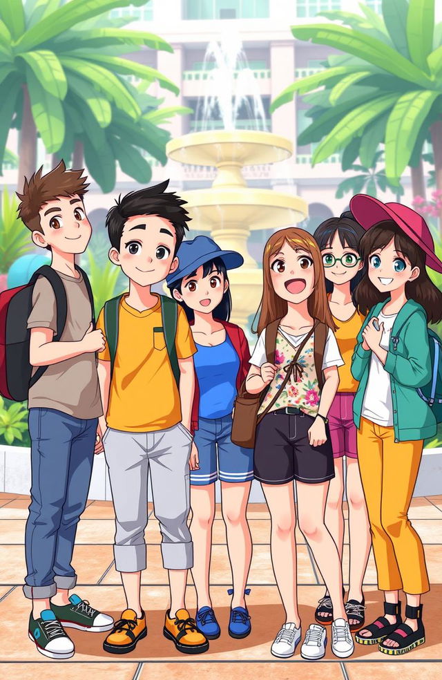 An animated scene featuring two boys and seven girls, all college students in the Philippines