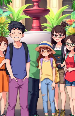 An animated scene featuring two boys and seven girls, all college students in the Philippines