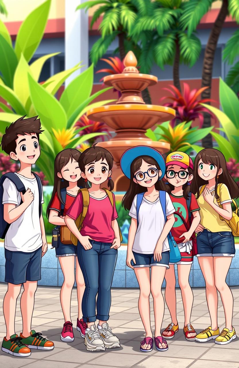 An animated scene featuring two boys and seven girls, all college students in the Philippines