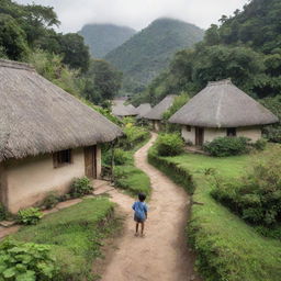 A rustic, peaceful village with thatched-roof houses, dirt paths winding through, children playing, and lush greenery around.