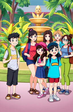 An animated scene featuring two boys and seven girls, all college students in the Philippines