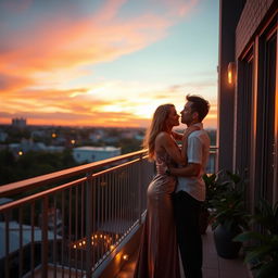 A romantic sunset balcony scene featuring a couple in a soft embrace