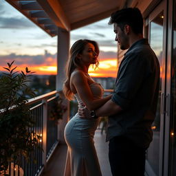 A romantic sunset balcony scene featuring a couple in a soft embrace