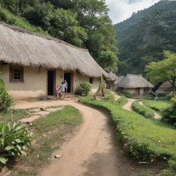 A rustic, peaceful village with thatched-roof houses, dirt paths winding through, children playing, and lush greenery around.