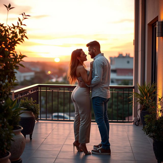 A romantic sunset balcony scene featuring a couple in a soft embrace