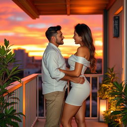 A romantic sunset balcony scene featuring a couple in a soft embrace