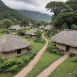 A rustic, peaceful village with thatched-roof houses, dirt paths winding through, children playing, and lush greenery around.