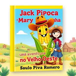 A bright and engaging book cover for a children's story titled 'Jack Pipoca e Mary Pamonha - Uma Aventura no Velho Oeste'
