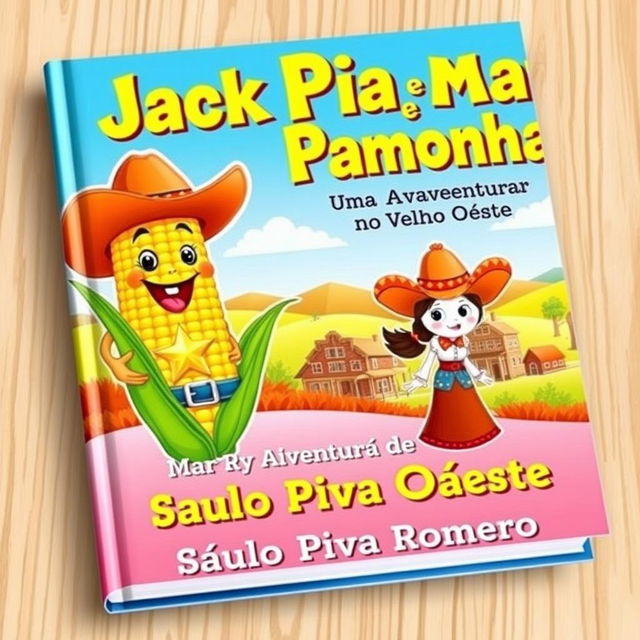 A bright and engaging book cover for a children's story titled 'Jack Pipoca e Mary Pamonha - Uma Aventura no Velho Oeste'