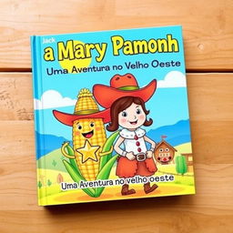 A bright and engaging book cover for a children's story titled 'Jack Pipoca e Mary Pamonha - Uma Aventura no Velho Oeste'