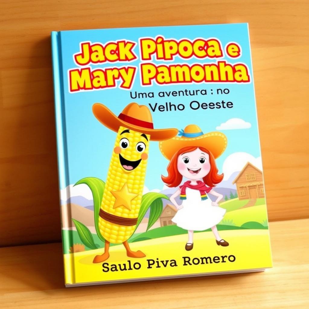 A bright and engaging book cover for a children's story titled 'Jack Pipoca e Mary Pamonha - Uma Aventura no Velho Oeste'