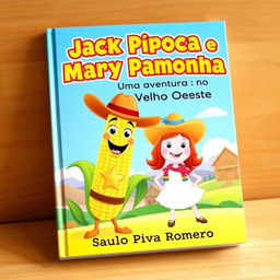 A bright and engaging book cover for a children's story titled 'Jack Pipoca e Mary Pamonha - Uma Aventura no Velho Oeste'