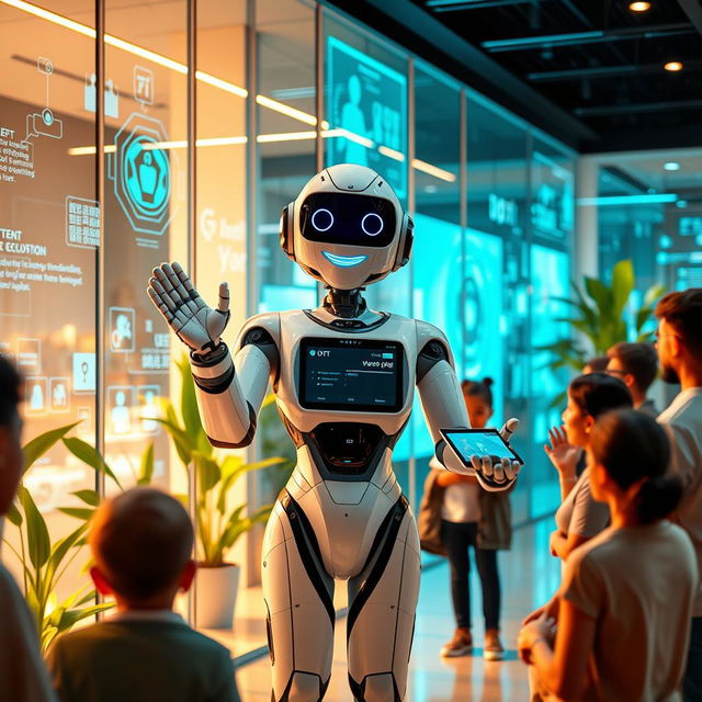 A futuristic digital public servant, depicted as a humanoid robot with a friendly smile, standing in a vibrant, high-tech office environment filled with holographic displays and interactive screens