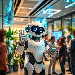 A futuristic digital public servant, depicted as a humanoid robot with a friendly smile, standing in a vibrant, high-tech office environment filled with holographic displays and interactive screens
