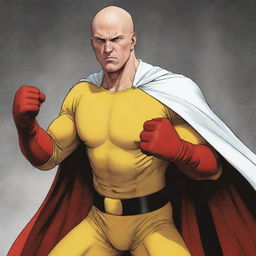 An illustration of a bald superhero radiating immense one punch power, wearing a yellow shirt, red gloves, and billowing white cloak, set against a dramatic backdrop