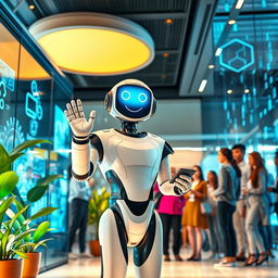 A futuristic digital public servant, depicted as a humanoid robot with a friendly smile, standing in a vibrant, high-tech office environment filled with holographic displays and interactive screens