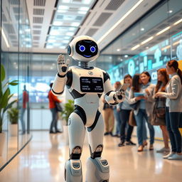 A futuristic digital public servant, depicted as a humanoid robot with a friendly smile, standing in a vibrant, high-tech office environment filled with holographic displays and interactive screens