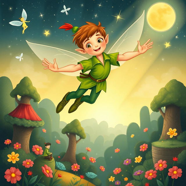 A whimsical and enchanting illustration of Peter Pan inspired by the artistic style of Charles van Sandwyk