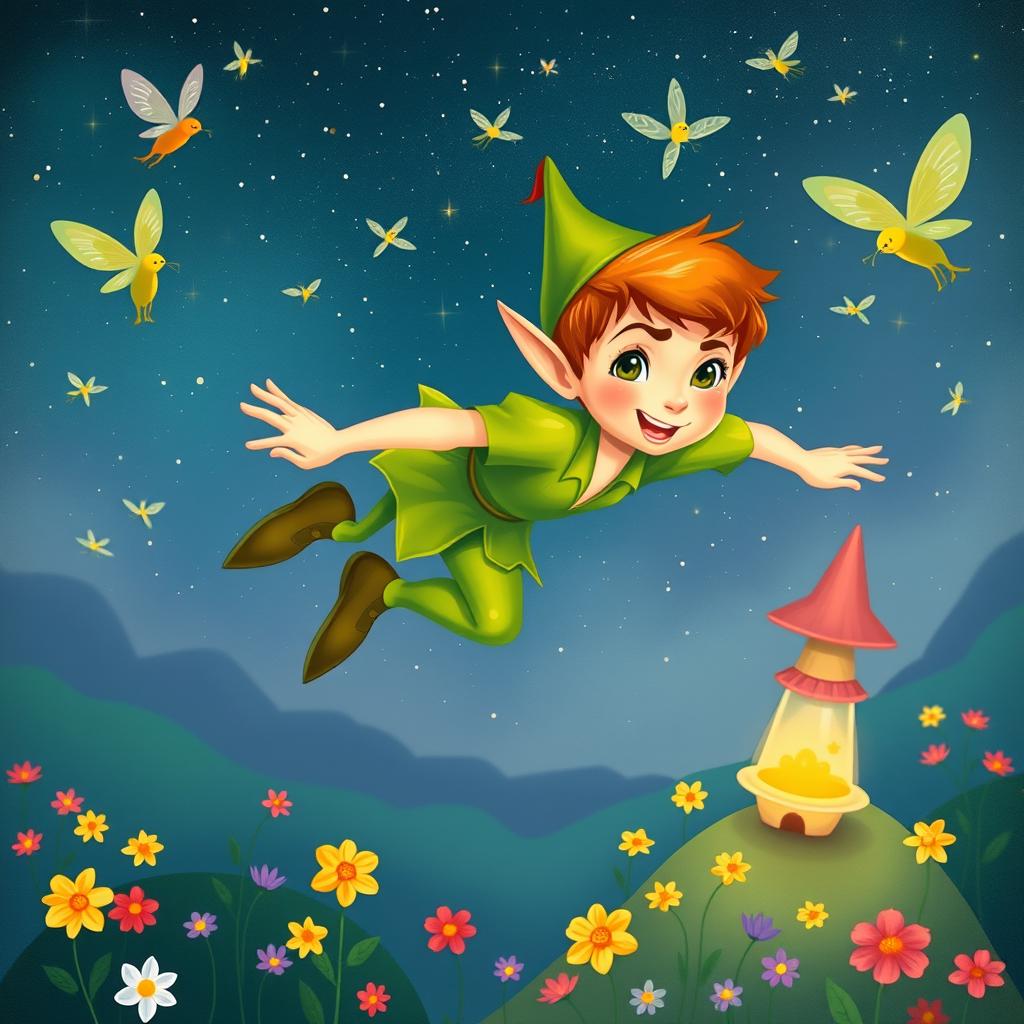 A whimsical and enchanting illustration of Peter Pan inspired by the artistic style of Charles van Sandwyk