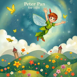 A whimsical and enchanting illustration of Peter Pan inspired by the artistic style of Charles van Sandwyk
