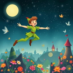 A whimsical and enchanting illustration of Peter Pan inspired by the artistic style of Charles van Sandwyk