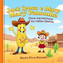 A cheerful and imaginative book cover for the children's story 'Jack Pipoca e Mary Pamonha - Uma Aventura no Velho Oeste'